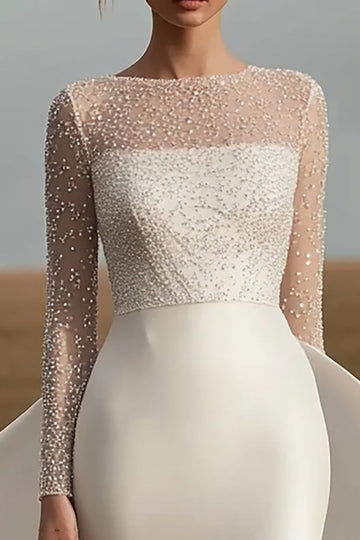 Elfenben Satin lange ærmer kappe brudekjole med perler